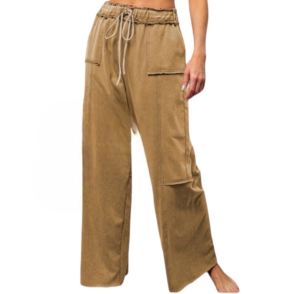Tan Raw Edge Mineral Wash French Terry Wide Leg Pants NWT